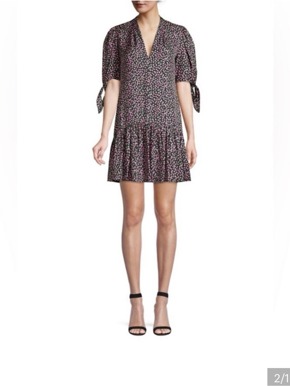 Rebecca Taylor Black Mini Dress with Pink and White Floral Print Drop Waist SZ M